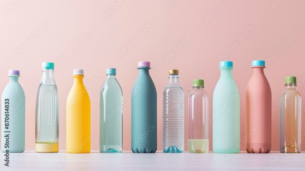 Poster a set of reusable water bottles in various colors and sizes.
