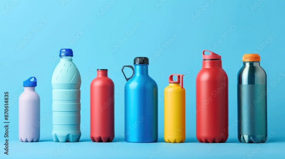 Poster a set of reusable water bottles in various colors and sizes.