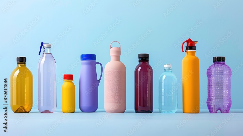 Poster a set of reusable water bottles in various colors and sizes.