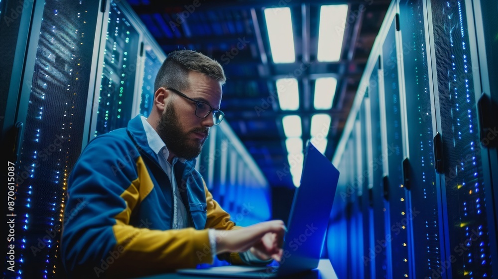 Poster A server engineer works diligently on a laptop in a brightly lit data center, surrounded by rows of servers