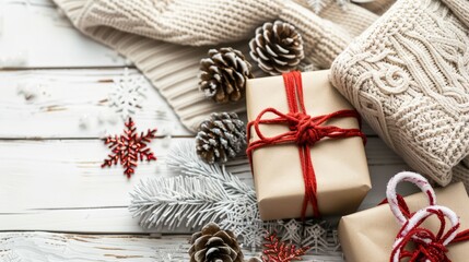 christmas concept with gifts and traditional sweater copy space