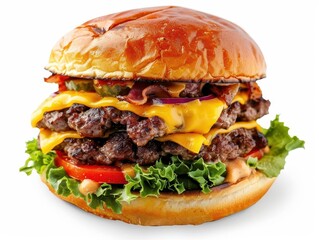 mouthwatering gourmet double cheeseburger floating against a clean white background layers of succulent beef melted cheese fresh vegetables and golden bun glisten with appetizing detail