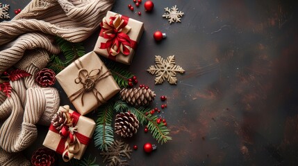 christmas concept with gifts and traditional sweater copy space