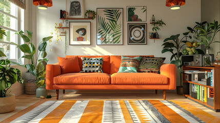 A contemporary living room with a whimsical mix of Scandinavian and retro elements,