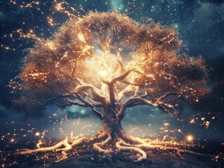 mystical tree of life illustration intricate glowing branches reaching into starry cosmos roots intertwining with sacred geometry patterns