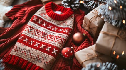 christmas concept with gifts and traditional sweater copy space
