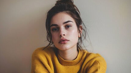Depressed young woman sitting on the floor. lonely and unhappy concept.