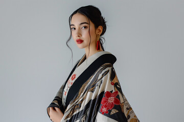 Modern woman elegantly dressed in a garment inspired by traditional Japanese patterns
