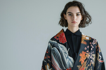 Modern woman elegantly dressed in a garment inspired by traditional Japanese patterns