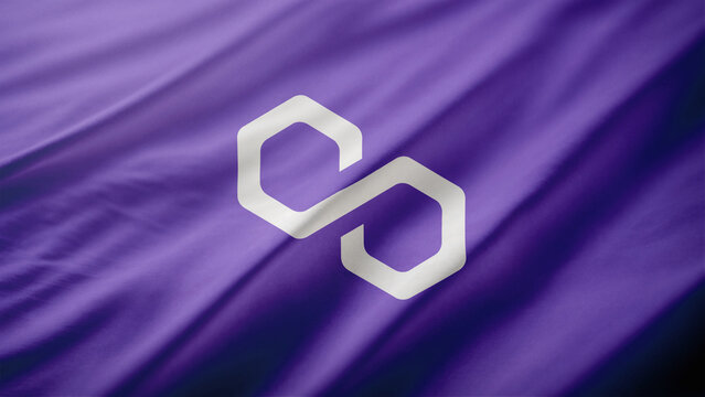 Polygon (MATIC) logo illustration on a flag, cryptocurrency representing blockchain and web3, crypto innovation and decentralization concept. Rome, Italy - 2 July 2024