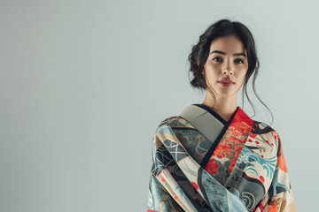 Modern woman elegantly dressed in a garment inspired by traditional Japanese patterns
