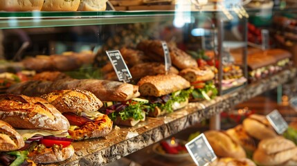 Variety of desserts and pastries on display in a shop window.