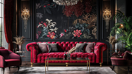 A maximalist living room with an eclectic fusion of Art Deco and modern glam styles, featuring a velvet chesterfield sofa and a mirrored coffee table.