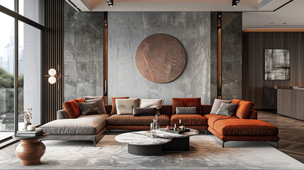 A modern living room with a concrete accent wall complemented by a velvet sofa featuring metal legs and leather upholstery, juxtaposed with a wooden coffee table showcasing a marble inlay.