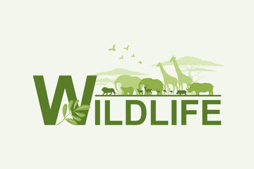 Wildlife safari diversity and Ecology of grassland savanna, Silhouette of wildlife family, Environmental and Wild animals conservation, National park in Africa, Eco friendly and World wildlife day.
