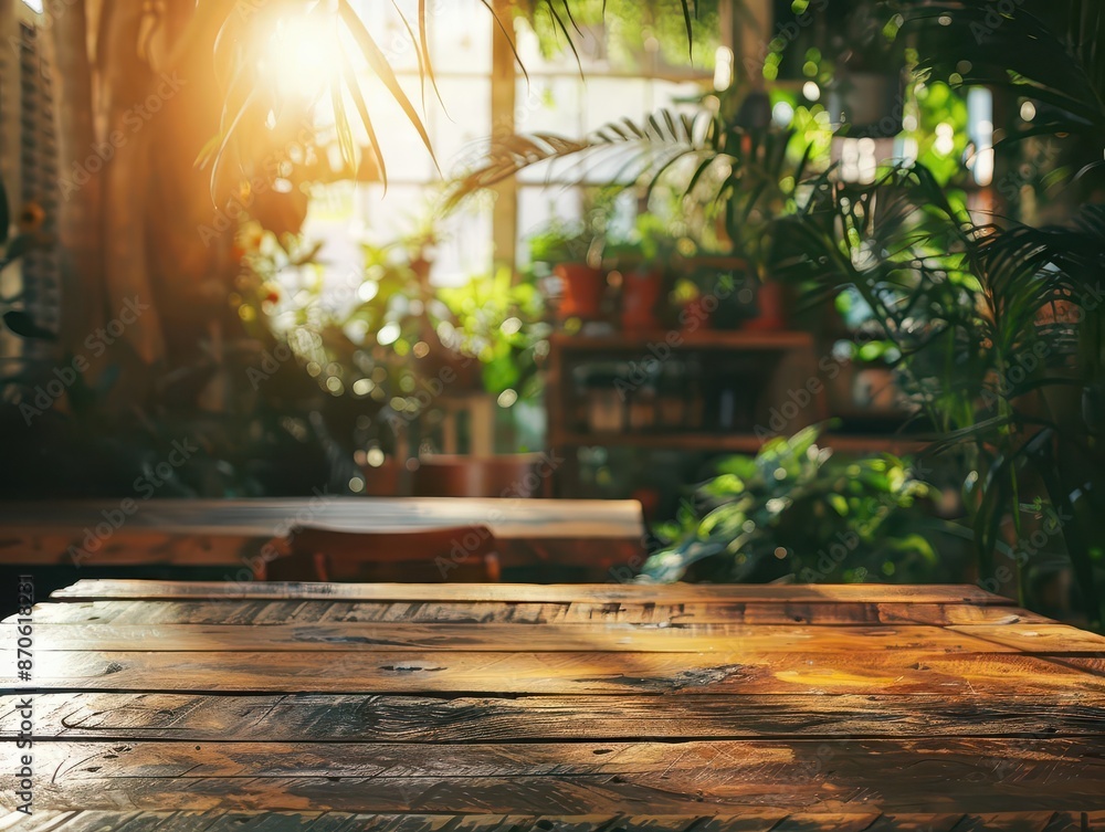 Poster rustic wooden table in sunlit country cafe bokeh background of lush greenery empty surface ready for