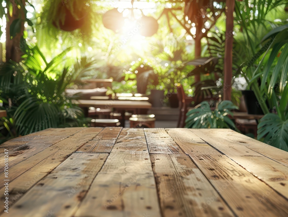 Poster rustic wooden table in sunlit country cafe bokeh background of lush greenery empty surface ready for