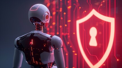 AI Robot Contemplating Cybersecurity with Digital Lock Symbol