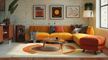 A retro-chic lounge area with vintage-inspired funky accent chairs and ottomans in bold retro prints and colors.