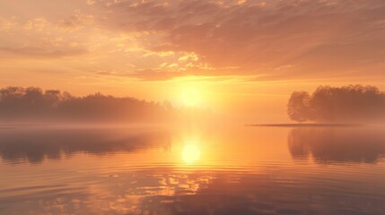 Fototapeta premium A spiritual sunrise over a serene lake, with the sun's reflection mirroring the tranquility of the water's surface, creating a sense of peace and inner harmony.