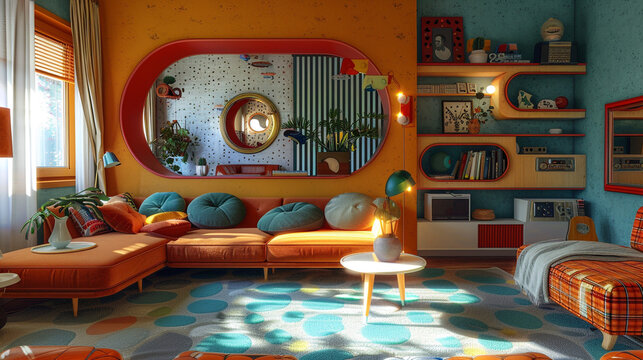 A retro sunken living room with bold colors, vintage furniture, and playful patterns. The room has a fun, nostalgic feel, with lots of character and personality. - Powered by Adobe