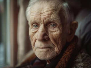 serene elderly man resting in hospice soft natural light streaming through window muted earthy tones closeup portrait capturing wrinkles and wisdom