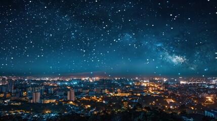 Fototapeta premium A starry night sky over a bustling cityscape, the urban lights contrasting with the vastness of the cosmos.