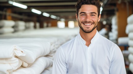 Fototapeta premium Joyful male textile worker sewing on production line in garment manufacturing plant
