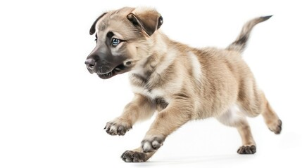 Obraz premium Adorable puppy with light fur running playfully on a white background, showcasing pure joy and energy in its movement.