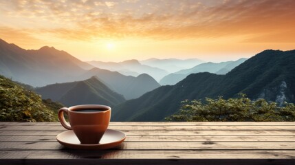 A steaming cup of tea on a patio table, with the sun rising over a mountain range in the background.