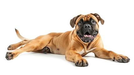 Obraz premium Happy Bullmastiff dog lying down on white background, looking at the camera with a joyful expression.