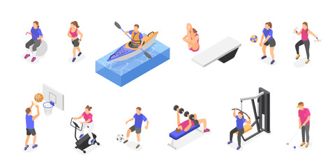 Isometric people training. Olympic athletes workout, sportsman play football, basketball and volleyball. Gym sport characters flawless vector set © MicroOne