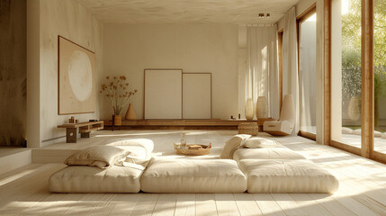 A sunken living room featuring minimalist furniture with clean lines and neutral colors, creating a serene and uncluttered environment.