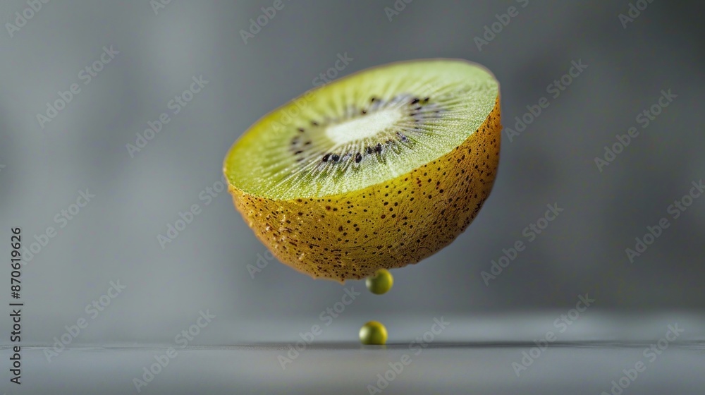 Poster a surreal image of a halved kiwi fruit floating in mid-air, defying gravity, with its flesh pulsatin