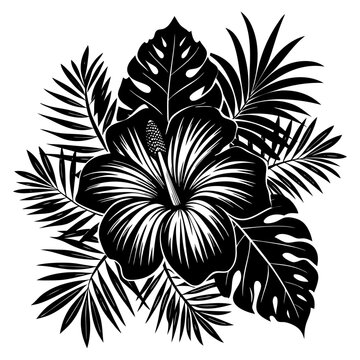 black hibiscus flower with tropical leaves clip art preview