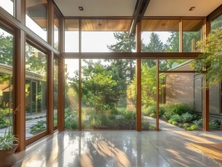 sleek minimalist house entrance featuring clean lines and organic materials floortoceiling windows frame a lush garden blending indoor and outdoor spaces seamlessly