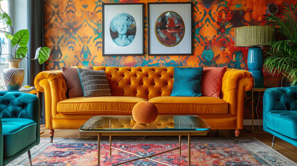 A vibrant living room with a mustard-yellow velvet sofa paired with teal accent chairs, set against a backdrop of geometric wallpaper in bright coral and gold hues. 