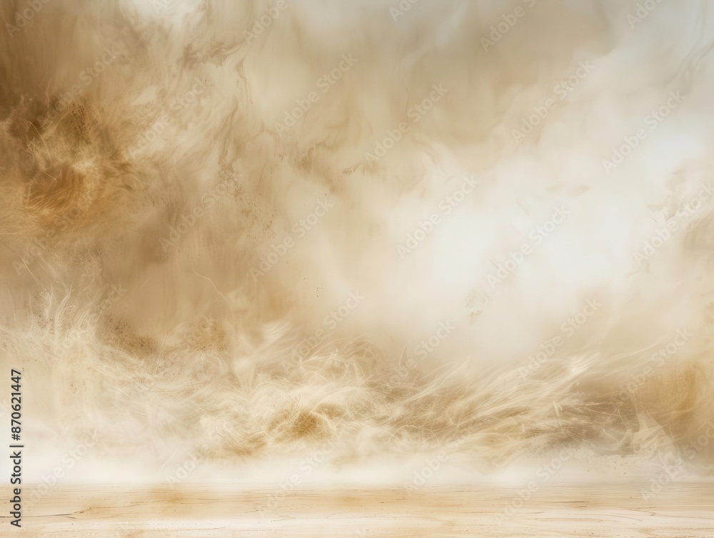 Poster swirling sandstorm engulfs a desert landscape creating abstract patterns of billowing dust clouds mu