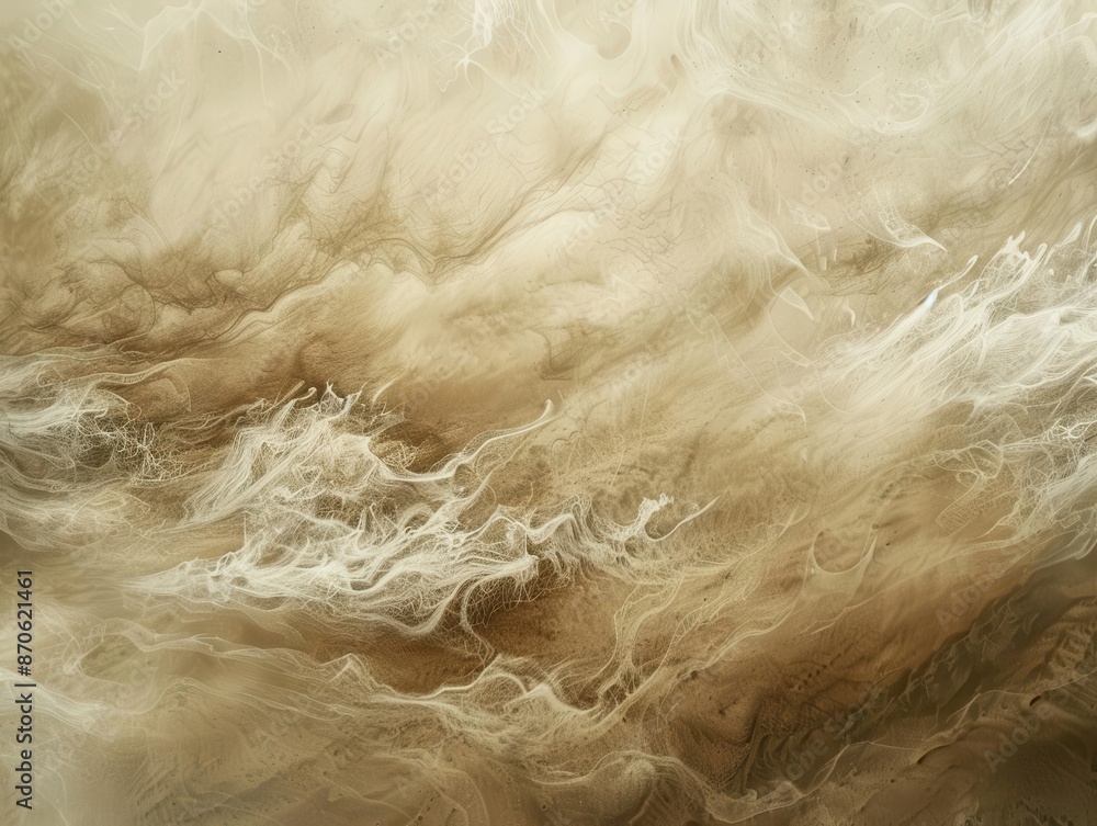 Poster swirling sandstorm engulfs a desert landscape creating abstract patterns of billowing dust clouds mu