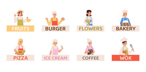 Cartoon vendors. Sellers on fresh farm food market with goods. Flowers fruits burgers coffee wok and bakery. Cute vector professional avatars