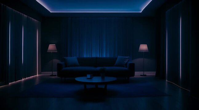 Elegant minimalist living room and bedroom with a beautiful dark blue atmosphere