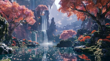 surreal landscape, such as trees, mountains, and waterfalls, to create a dreamlike atmosphere 