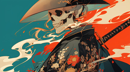 Japanese grim reaper skeleton wearing kimono