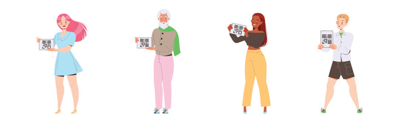 People Characters Showing QR Code on Their Gadget Vector Illustration Set