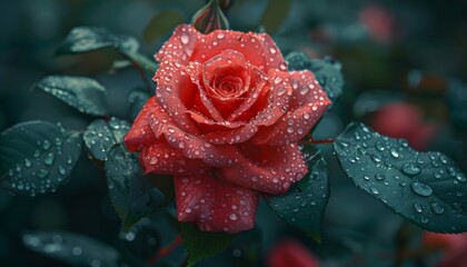 A close-up of a vibrant red rose in full bloom, with dewdrops glistening on its petals and lush green leaves