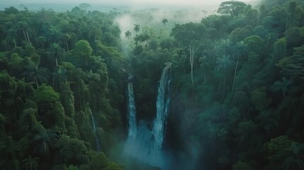 Twin Waterfalls Emerging From Lush Jungle Canopy