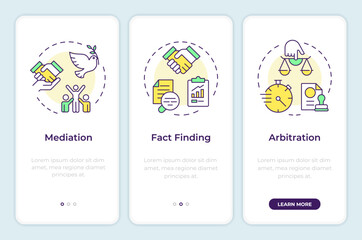 Methods of resolving impasses onboarding mobile app screen. Walkthrough 3 steps editable graphic instructions with linear concepts. UI, UX, GUI template. Montserrat SemiBold, Regular fonts used