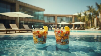 Women toasting with cocktails by pool on a relaxing summer day, enjoying a cheerful moment
