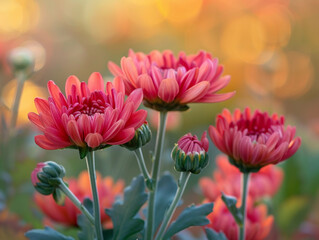 Bright Red Chrysanthemums Glowing in Sunset Garden