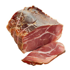 Sliced cured ham with a rich marbling pattern. Perfect for gourmet dishes, charcuterie boards, or savory snacks.